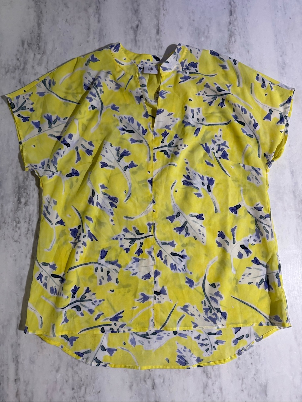 CAbi Yellow Sheer Floral Coral Short-Sleeve Blouse size Medium